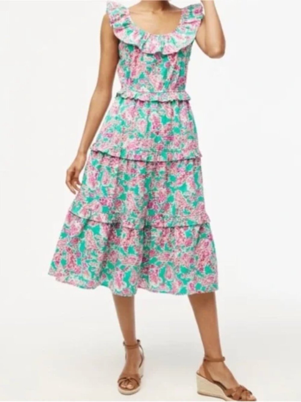 J. Crew	Floral Ruffle Tiered Pink and Green Midi Dress - Size 20